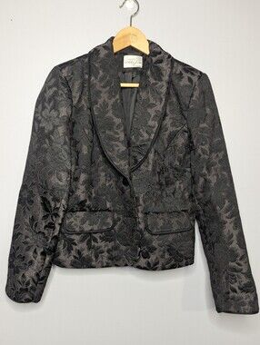 VTG Vanity Fair Black Floral Brocade Blazer Shawl Lapel Jacket Size 10